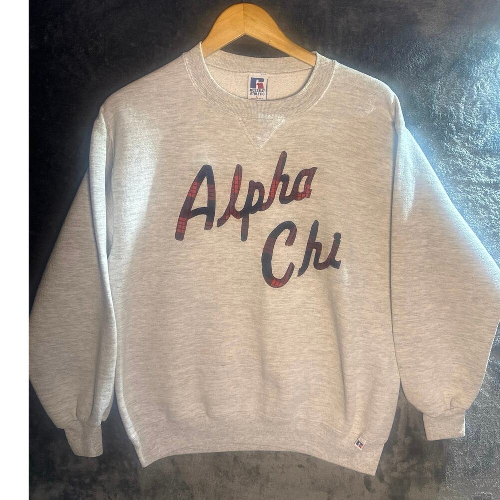 VTG 90s Russell Athletic Alpha Chi Omega Sorority Sweatshirt Gray Large USA Made